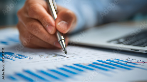 Hand holding pen over financial report near laptop writing charts
