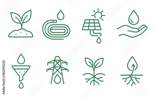 Eco-friendly icons: green energy, water conservation, sustainable growth