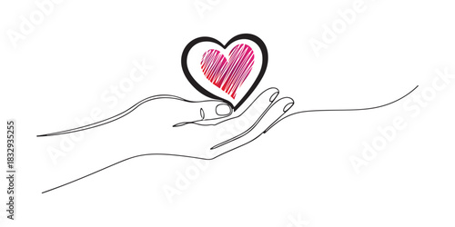 Continuous line drawing of hand holding heart sign on white background