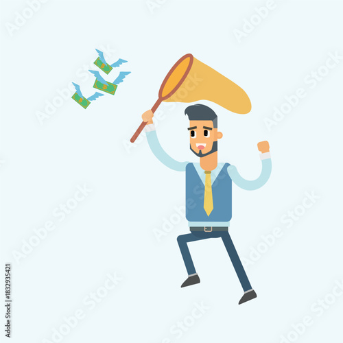 energetic businessman running and trying to catch flying banknotes with a butterfly net