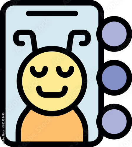 Yellow cartoon character with closed eyes meditating on smartphone screen, conveying relaxation and mindfulness in digital environment