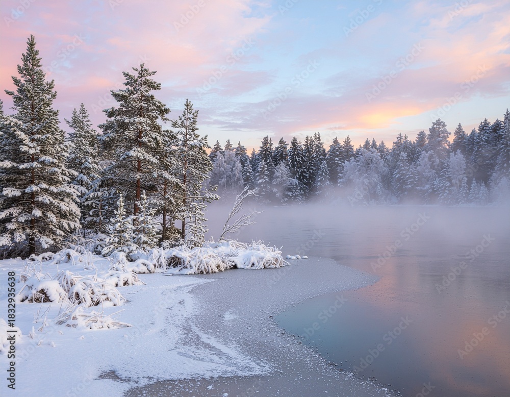 Fototapeta premium Serene Winter Lake at Sunset with Falling Snowflakes