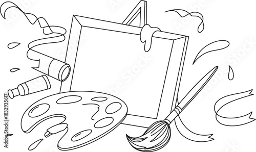 Black and white illustration of an easel with a paint palette paintbrush and paint tubes painting artist