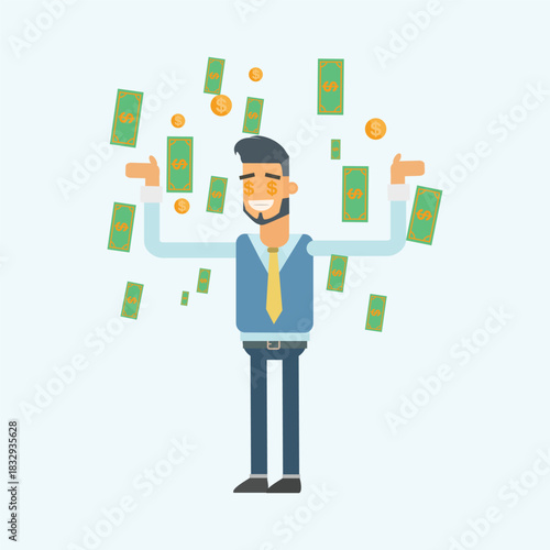 Excited businessman standing with open arms under a rain of money bills and coins. Concept of abundance