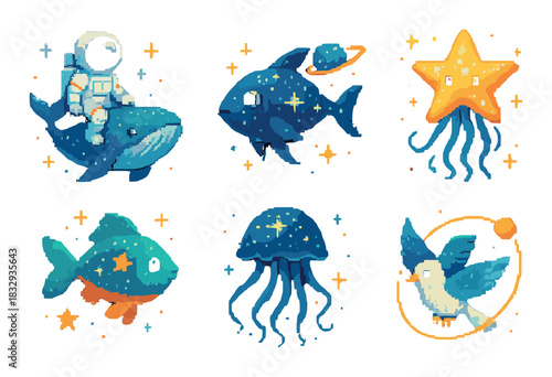 Space-themed pixel art: astronauts, fish, stars, and birds in cosmic fantasy