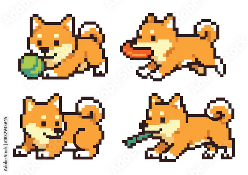 Pixel art shiba inu dogs playing with toys on a vibrant background