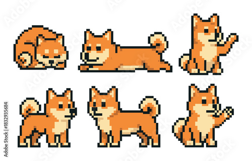 Pixel art shiba inu dogs in various poses on brown background
