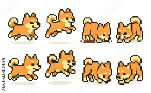 Pixel art shiba inu: animated dog sprites in various poses and actions