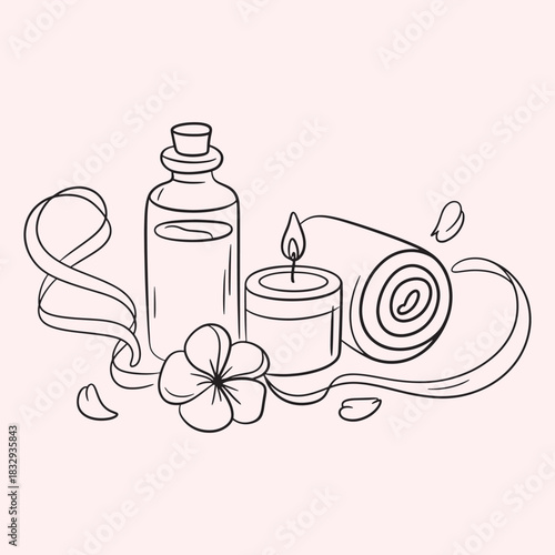 Line art spa elements including bottle candle flower and rolled towel wellness relaxation