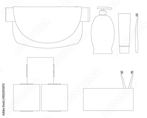 A minimalist contour line drawing of essential bathroom supplies, including a toilet seat, bottle, and two cleaning brushes.