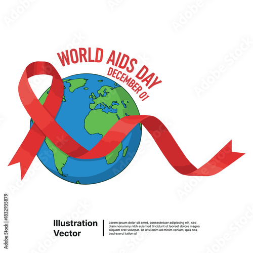 A red awareness ribbon symbolizing World AIDS Day wrapped around the planet Earth globe