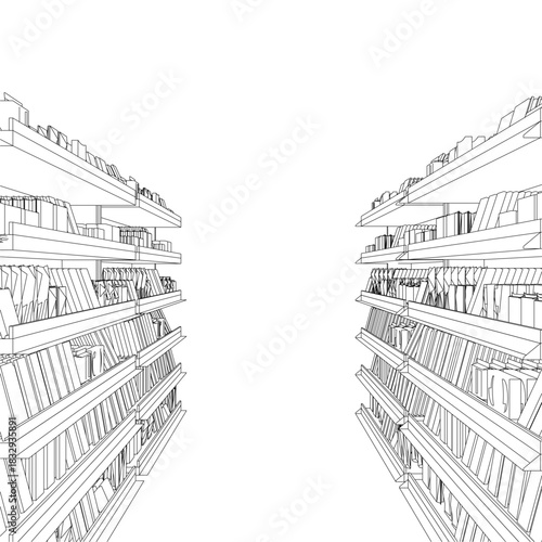 Black and white contour drawing of a library shelf stocked with snacks. The minimalist line art suggests a well-organized shop or collection, ideal for snack or chocolate packaging concepts.