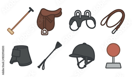 Equestrian equipment icons: saddle, bridle, crop, helmet, reins