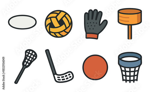 Set of colorful sports equipment icons for various games