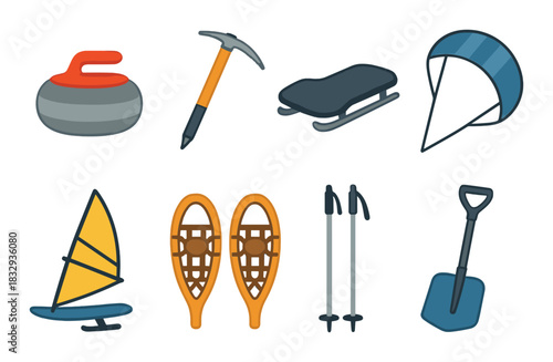 Winter and water sports equipment: curling hammer, snowshoes, windsurfing, paraglider