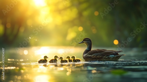 Mallard duck and ducklings swimming on a green lake in nature