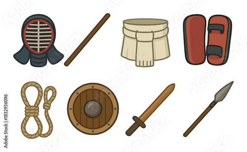 Collection of martial arts equipment featuring kendo gear and weapons
