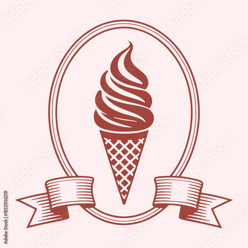 Red soft serve ice cream cone in a circular frame with ribbon banners dessert sweet