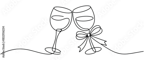 Continuous Line Art of Two Wine Glasses Clinking with a Ribbon Bow toast celebration