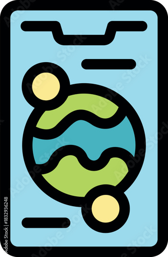 Educational app displaying rotating planet with orbiting moons on smartphone screen, promoting astronomy learning