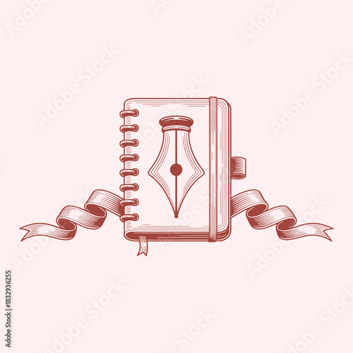 Vintage notebook with fountain pen nib and ribbon illustration journal diary