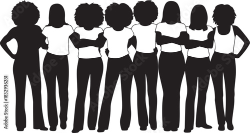 Silhouette of diverse group of women standing together with arms crossed