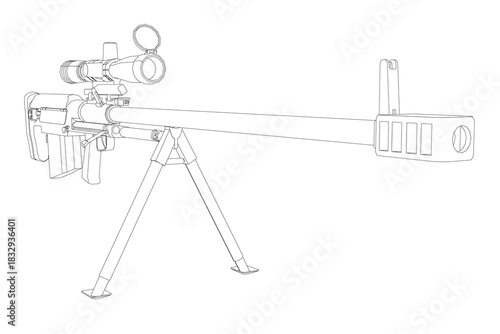 A sniper rifle contour drawing on a tripod, featuring a detailed scope and bipod in stark black and white.