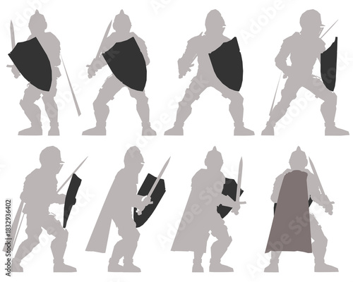 Silhouetted medieval knights in various combat poses wield swords and shields. The black and white artwork creates a classic and timeless warrior aesthetic.