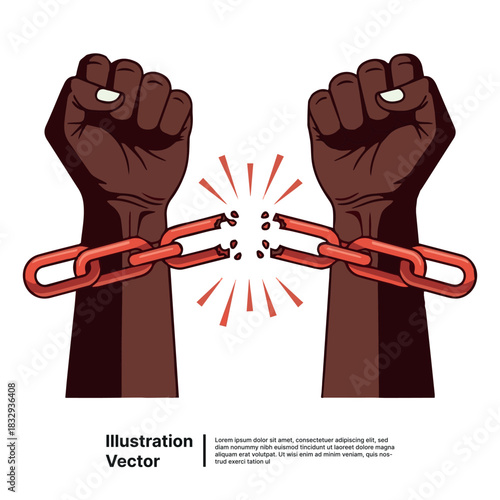 Illustration of raised fists breaking chains symbolizing freedom and liberation from oppression