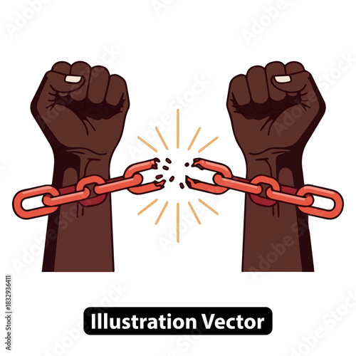 A powerful symbol of liberation with raised fists breaking chains, representing freedom and human rights