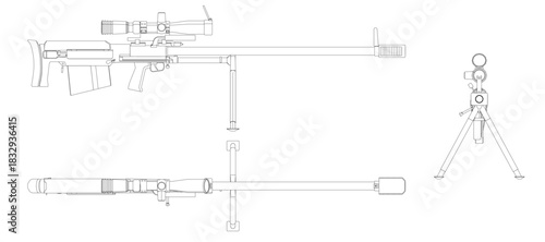 Detailed blueprint of a sniper rifle set with mounted scope and bipod. The technical contour drawing is rendered in precise black and white.