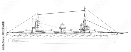 Detailed black and white contour drawing of a vintage warship, featuring its stern, masts, and intricate sails.