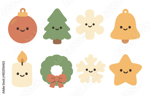 Cute kawaii christmas ornaments: festive holiday decorations with smiling faces
