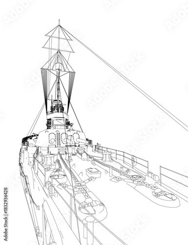 A vintage battleship contour drawing on a white background serves as a detailed, free printable coloring page for children.