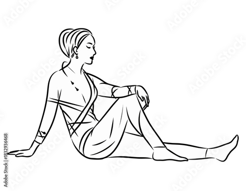 Minimalist Line Art Illustration of a Woman in a Robe Sitting in a Seated Twist Pose with Bold Hairlines and Soft Floral Accents in the Background on a Black Canvas