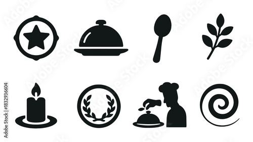 Dark culinary icons: star badge, dome cover, spoon, herb, candle, laurel, chef, spiral