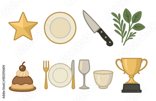 Culinary icons set featuring star, plate, knife, herbs, dessert, and trophy