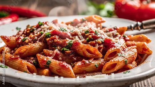 A mouth-watering close-up shot captures a generous serving of freshly cooked penne pasta, sumptuously coated in a rich, vibrant red tomato sauce. Delicate wisps of steam rise gently from the dish, hig