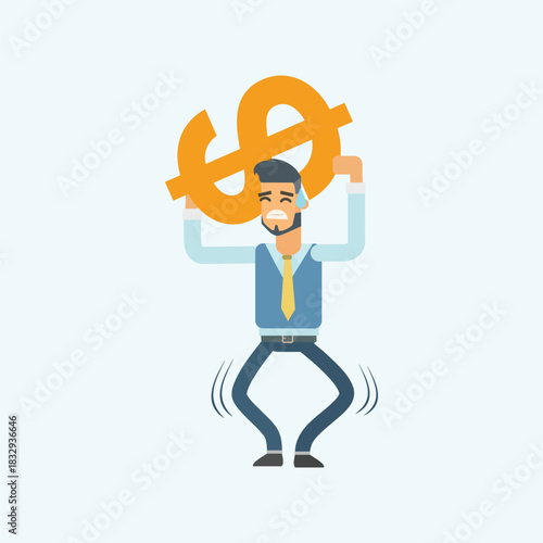 Stressed businessman carrying a heavy golden dollar sign on his shoulders. Concept of financial burden