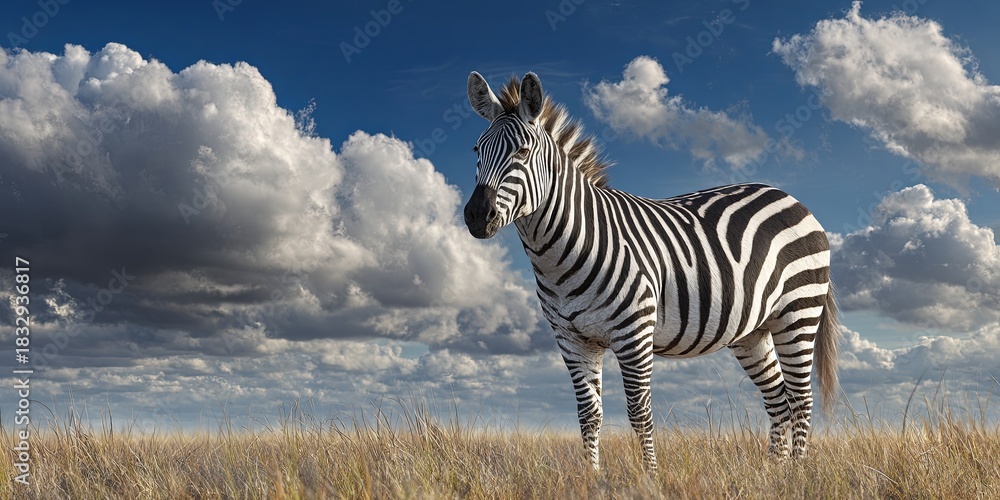 Naklejka premium Majestic Zebra Standing Gracefully in Expansive Green Savannah Under Bright Blue Sky with Fluffy Clouds in Background, Capturing Natures Beauty