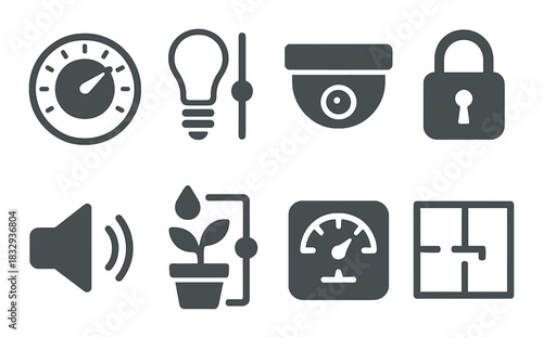 Home automation icons: security, lighting, and energy management symbols