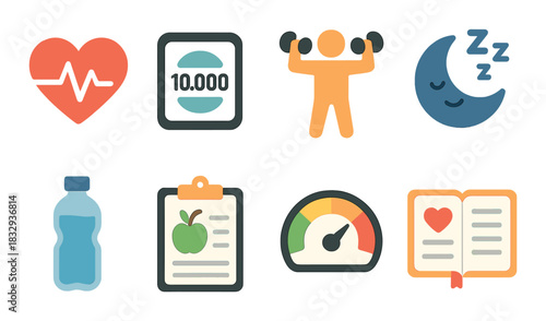 Healthy lifestyle icons: fitness, nutrition, hydration, sleep, heartbeat, goals, wellness