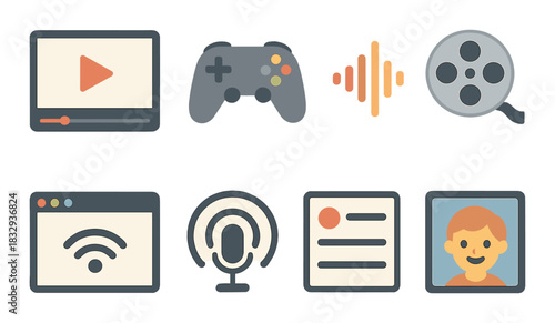 Digital entertainment icons: gaming, streaming, music, film, internet, podcast, communication