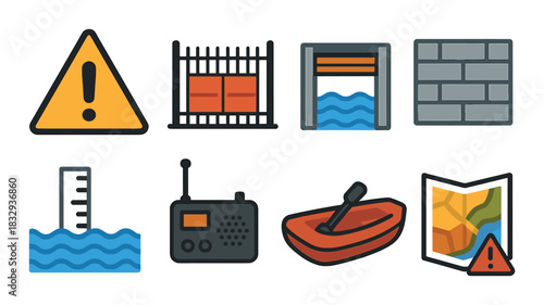 Flood safety icons: warning signs, barriers, radio, boat, map