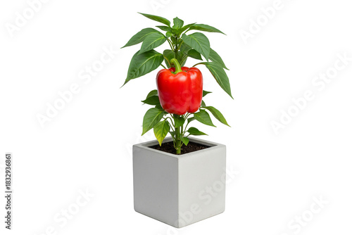 red bell pepper plant with a large ripe pepper growing in a square pot isolated on white background