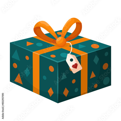 A stylish vector cartoon image of a Christmas gift. Concept for greetings, holidays, and New Year's celebrations. A birthday present. Element for your card design, etc.