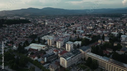 Gorgeous aerial view of the town of Ohrid and mountains on the horizon, 4k