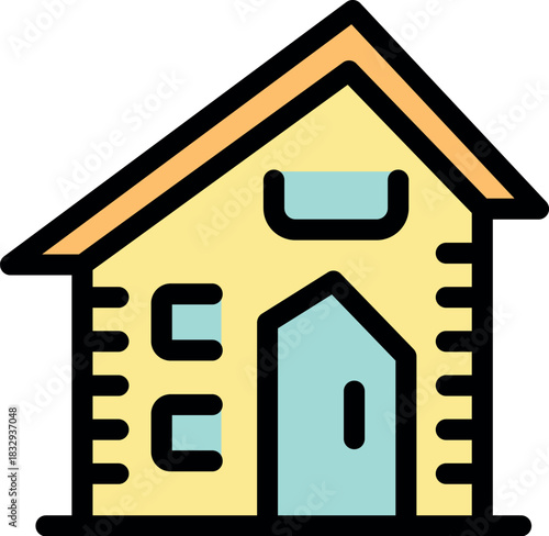 Simple yet inviting, this illustration presents a charming yellow house, featuring a prominent gable roof, a teal colored door, and small windows, evoking a sense of warmth and homeliness