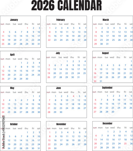 A comprehensive grid layout of the entire year 2026 calendar displayed monthly