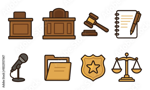 Legal icons: courtroom, judge's gavel, scales of justice, microphone, file, badge, notebook